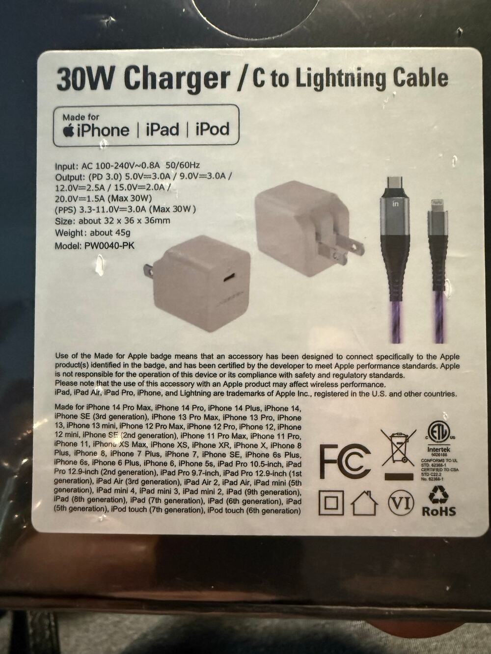 30W Fast Charging Kit, C To Lightning Cable, Power Adapter, NWT